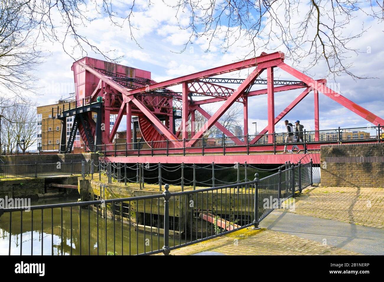 Bascule bridge at Rotherhithe, a Scherzer rolling lift bridge on Rotherhithe Street, London, England, UK Stock Photo