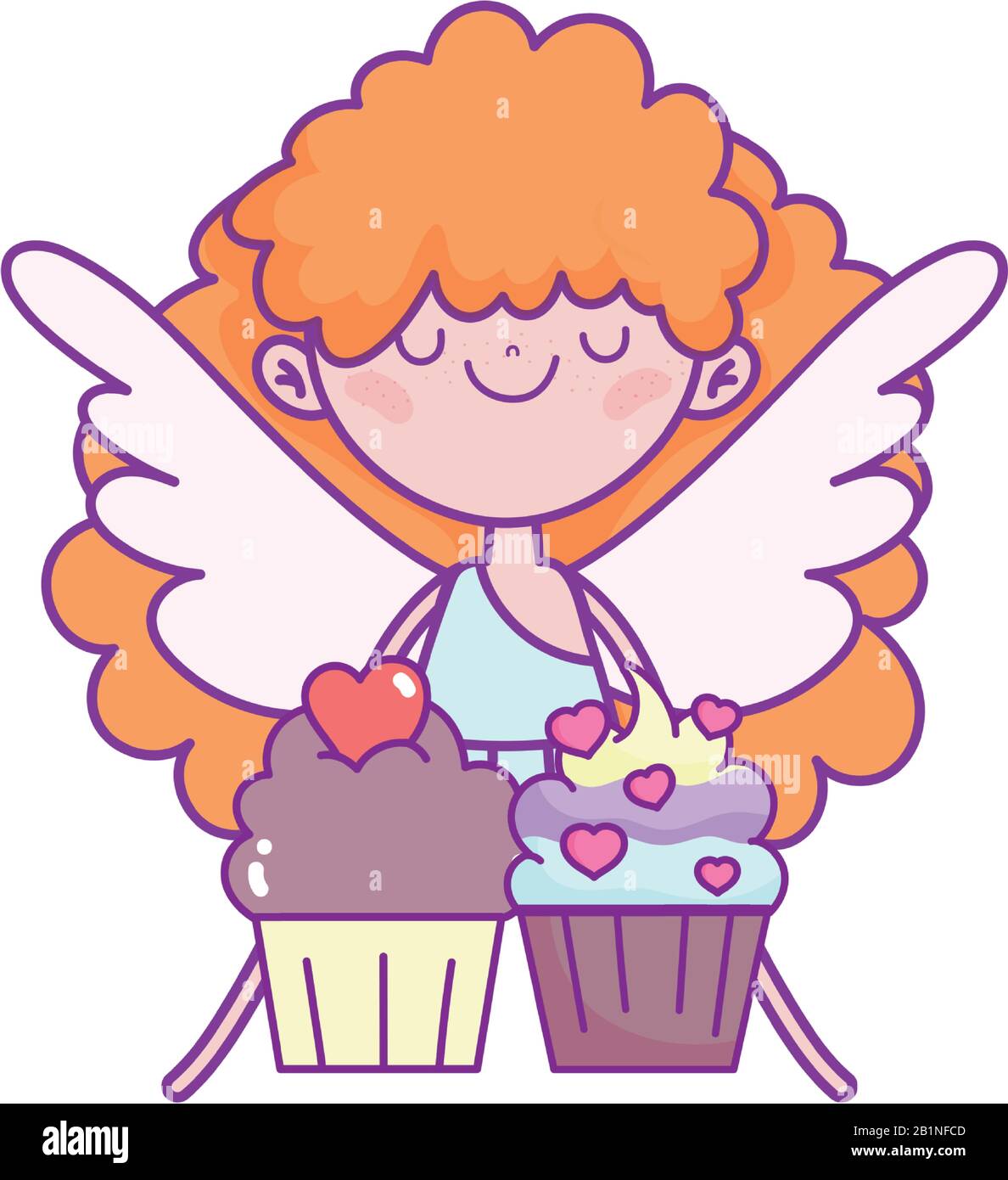 happy valentines day, cute cupid with sweet cupcakes love cartoon ...