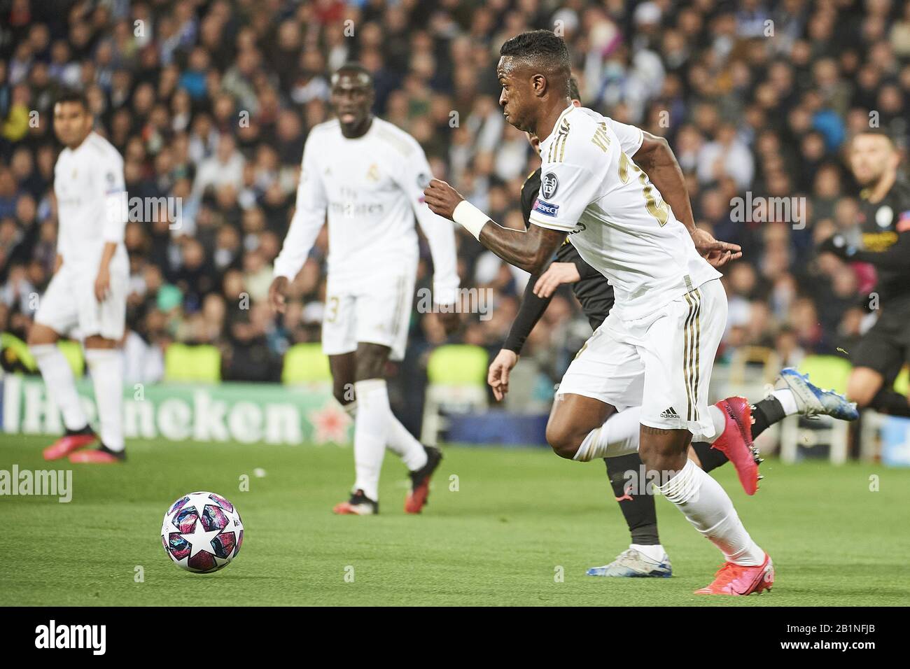 Madrid, Spain. 26th Feb, 2020. Vinicius Junior (forward; Real Madrid) in action during the UEFA Champions League round of 16 first leg match between Real Madrid and Manchester City F.C. at Santiago Bernabeu on February 26, 2020 in Madrid, Spain Credit: Jack Abuin/ZUMA Wire/Alamy Live News Stock Photo