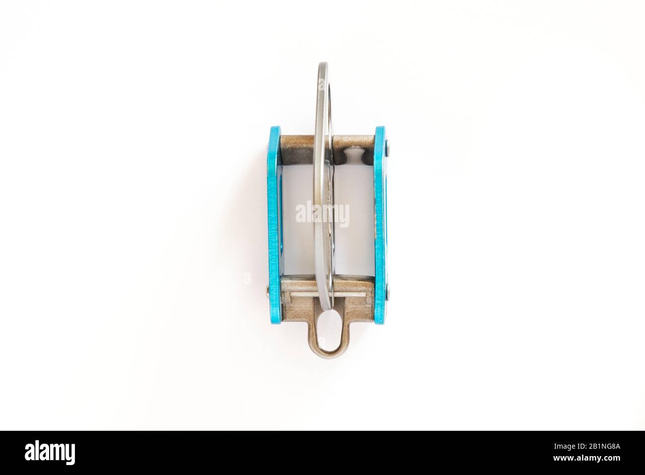 Tubular belay device also used for Rappelling/Abseiling - top down view, isolated on white background. Stock Photo