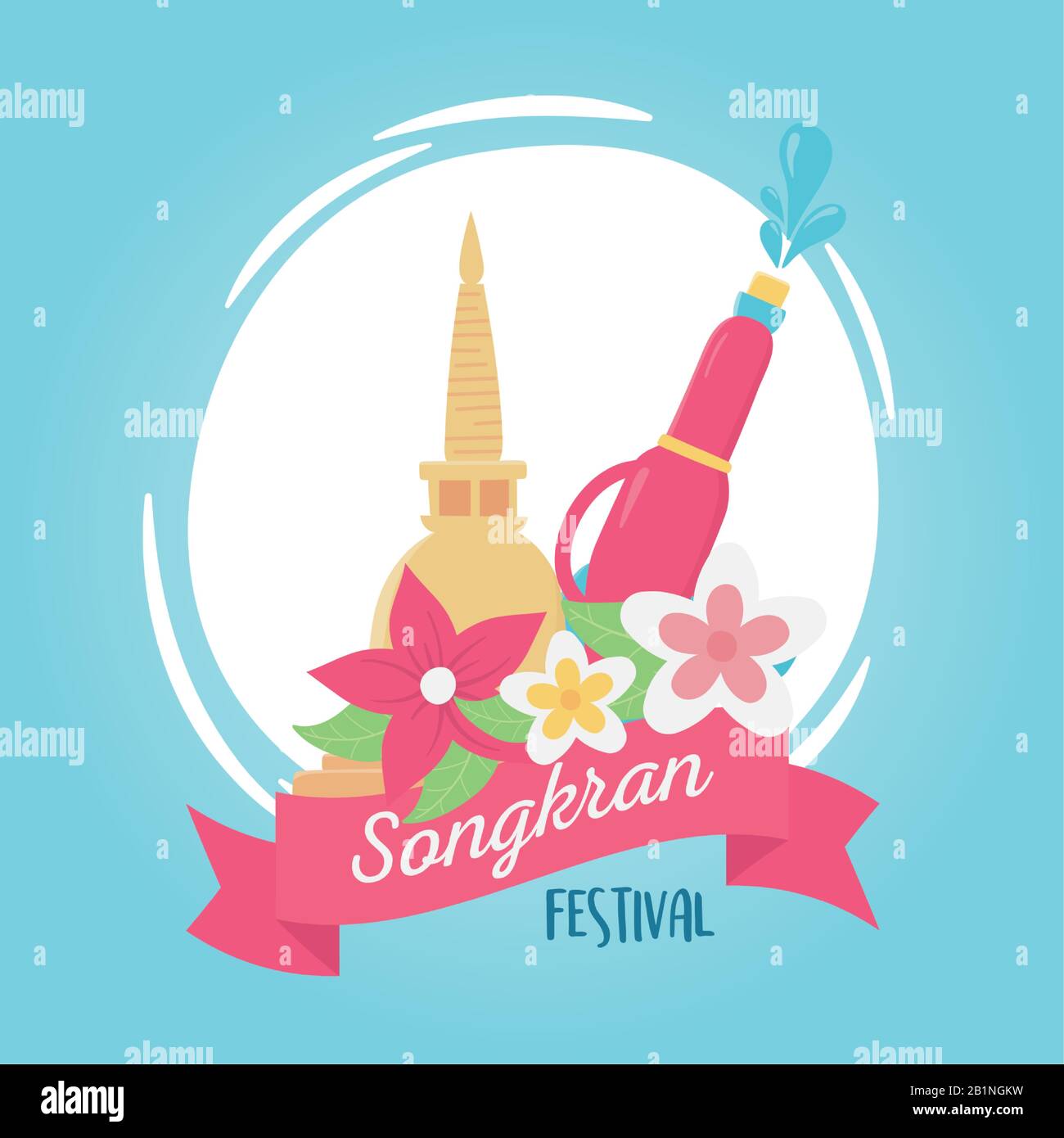 songkran festival plastic water gun flowers thailand pagoda celebration design vector illustration Stock Vector