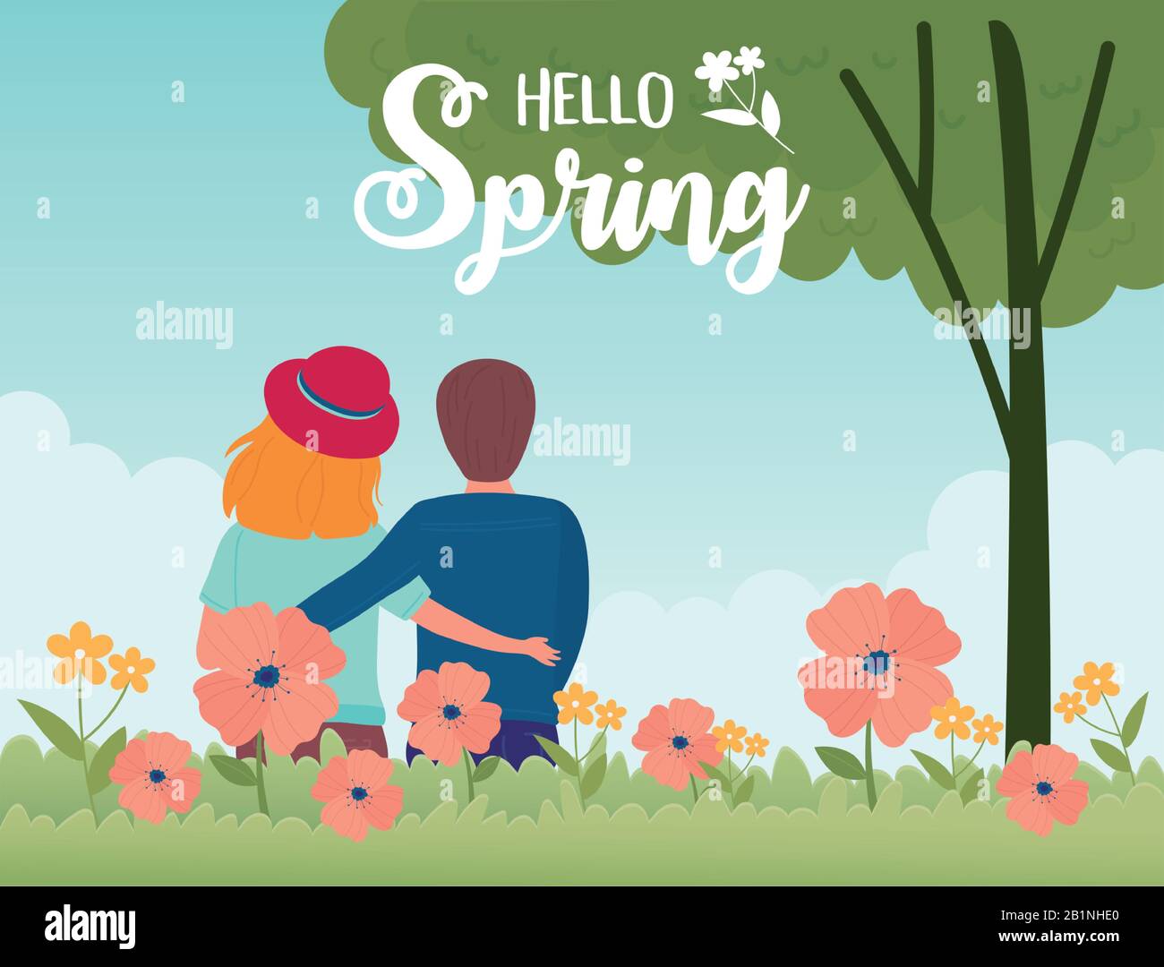 hello spring couple embraced tree flowers grass natural season vector ...