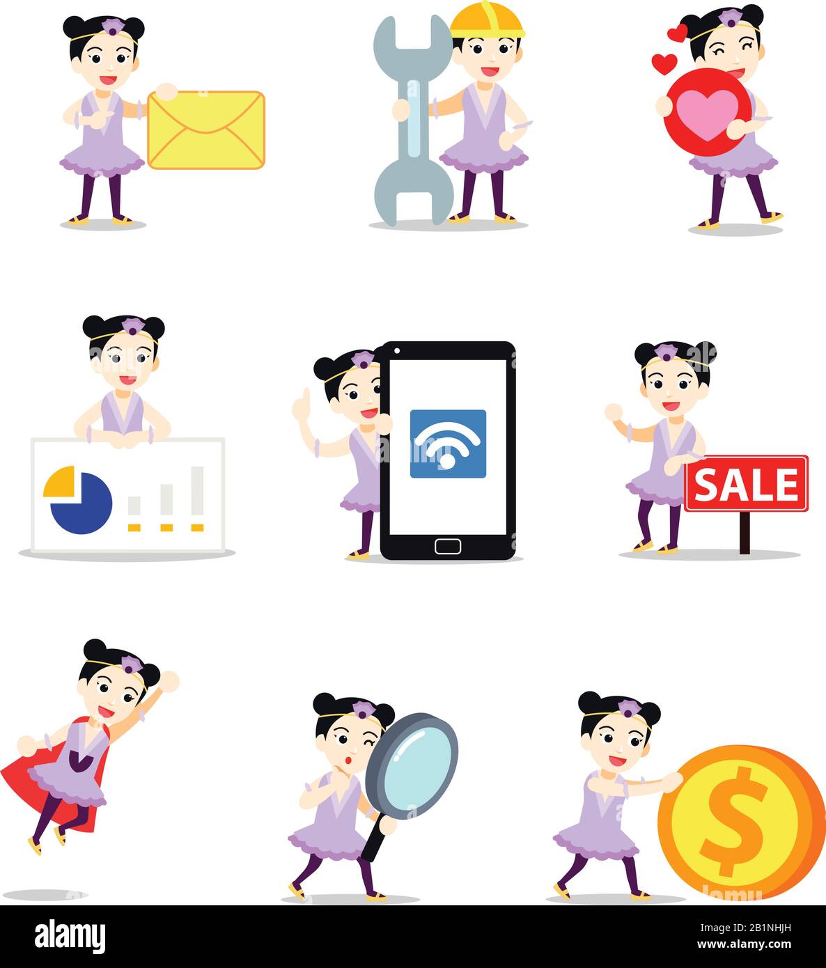 Set character of woman trapeze artist flying through the air. Stock Vector