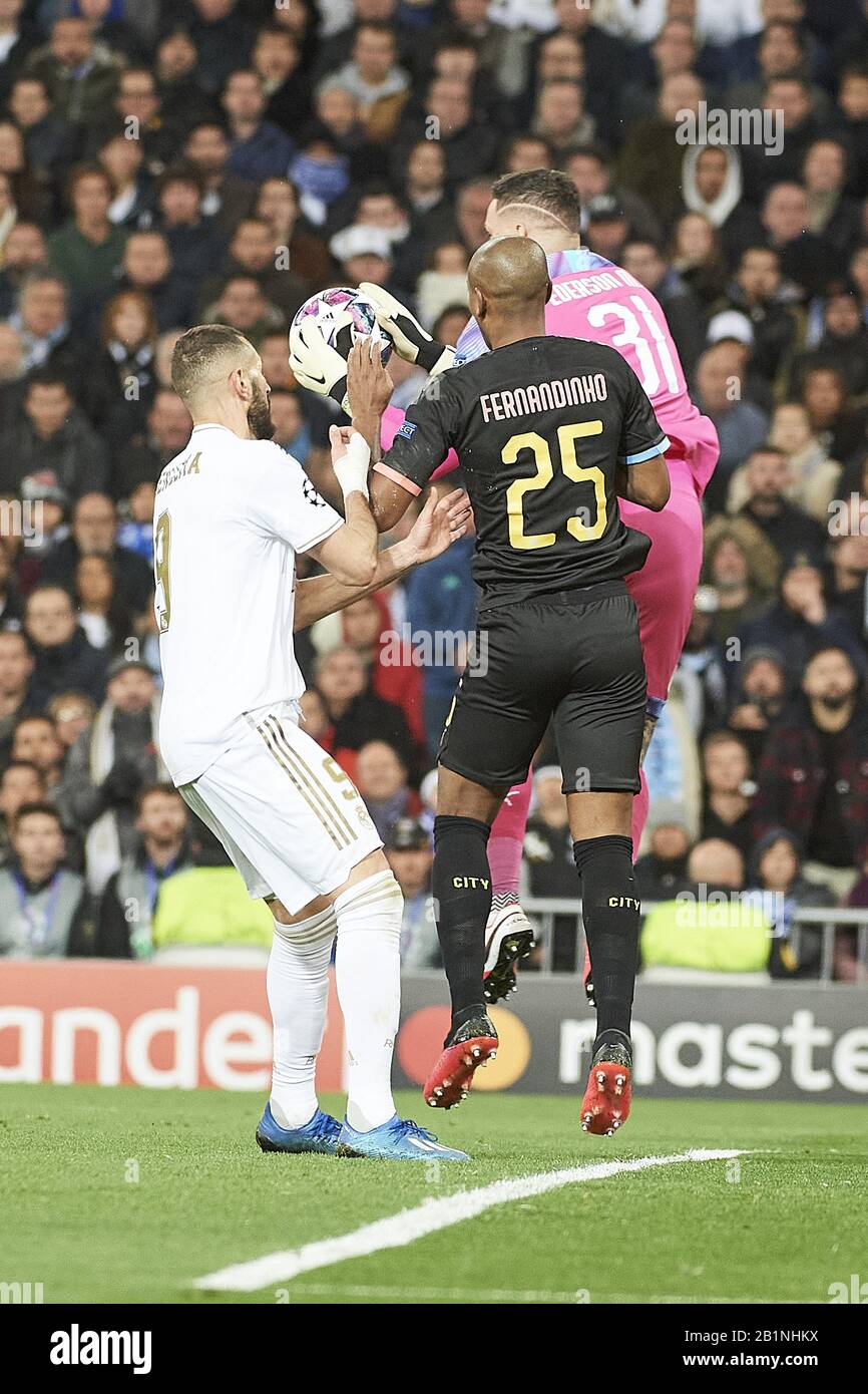 Madrid Spain 26th Feb 2020 Karim Benzema Forward Real Madrid Fernandinho Midfielder Manchester City Fc Ederson Goalkeeper Manchester City Fc In Action During The Uefa Champions League Round Of 16 First Leg