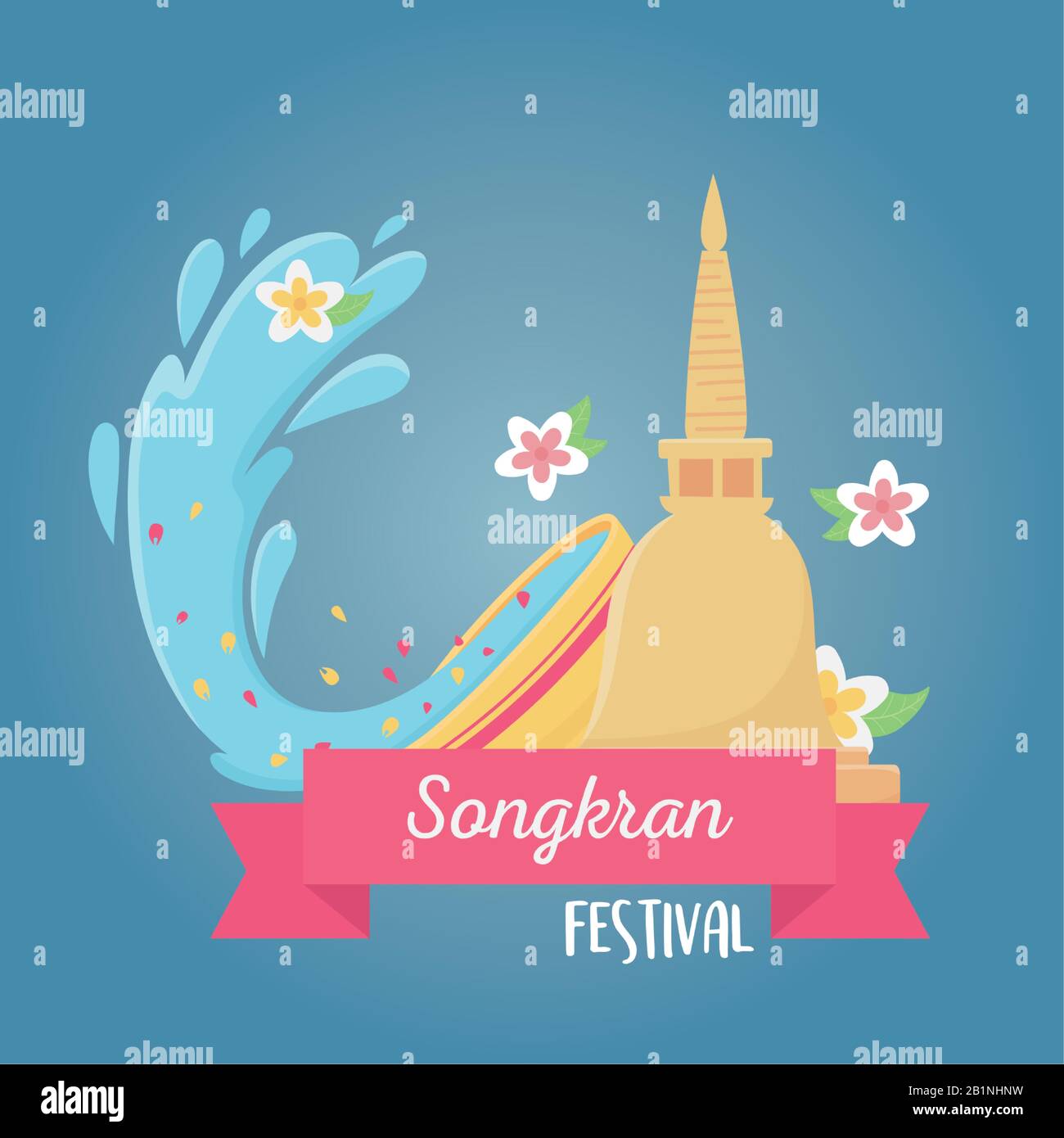 Songkran Festival Flowers Bowl With Water Palace Thai Celebration Design Vector Illustration 5180