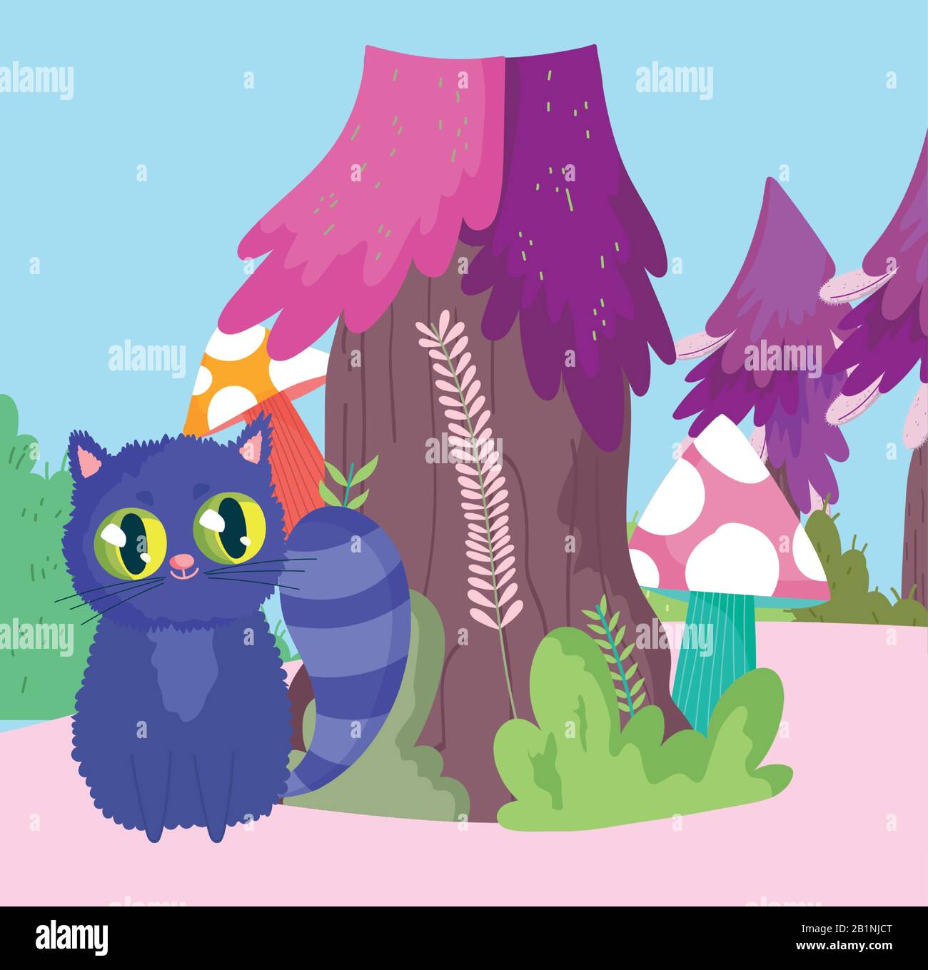 wonderland, cat mushroom tree nature cartoon vector illustration Stock Vector