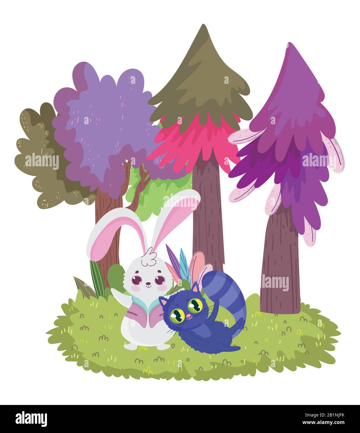 wonderland, rabbit and cat pine trees cartoon vector illustration Stock