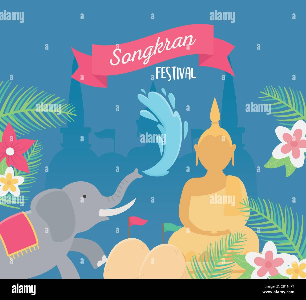 songkran festival elephant buddha water flowers leaves decoration card vector illustration Stock Vector