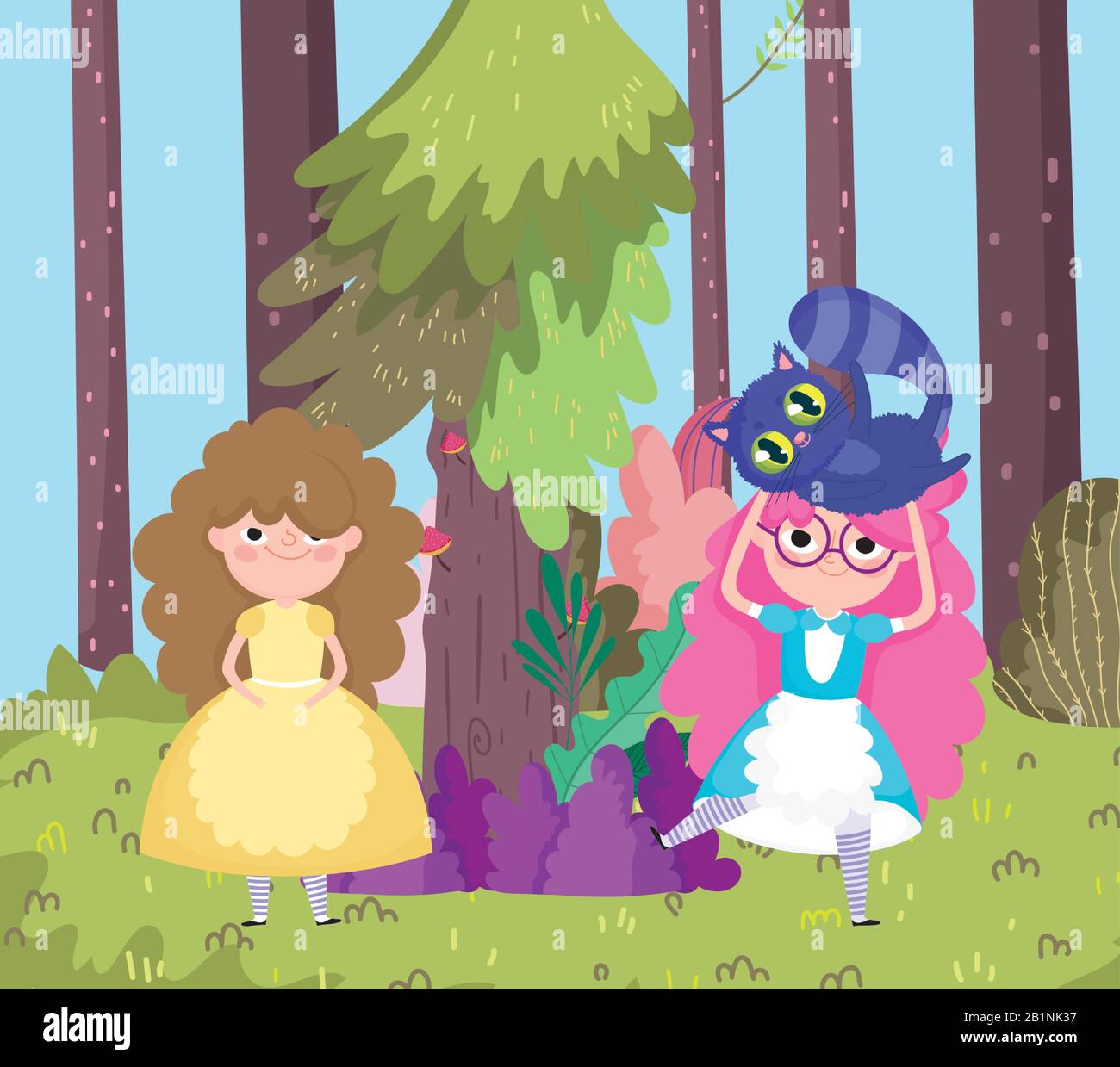 girl with cat tree forest meadow in wonderland vector illustration Stock Vector