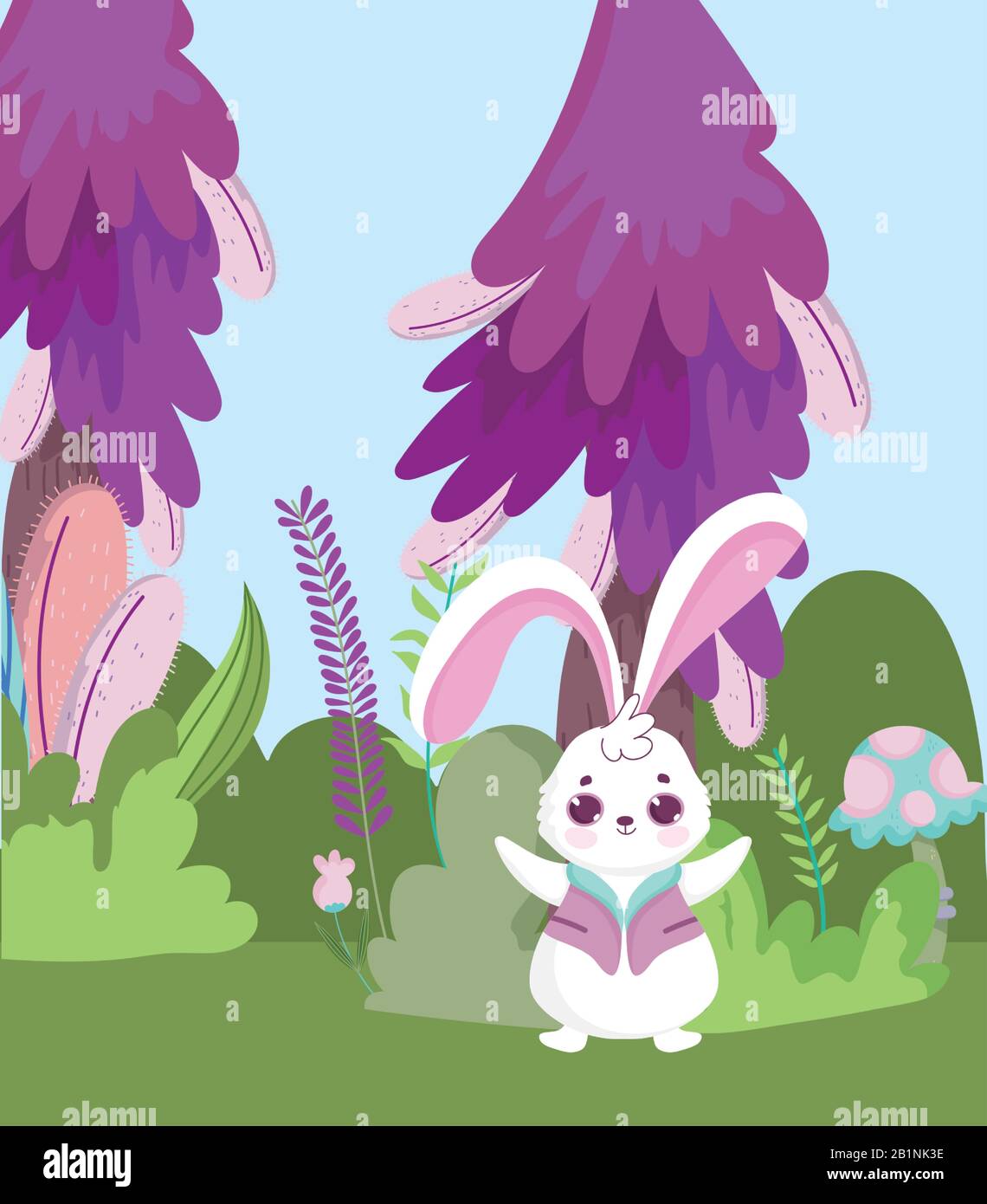 wonderland, rabbit mushroom bush grass foliage vector illustration