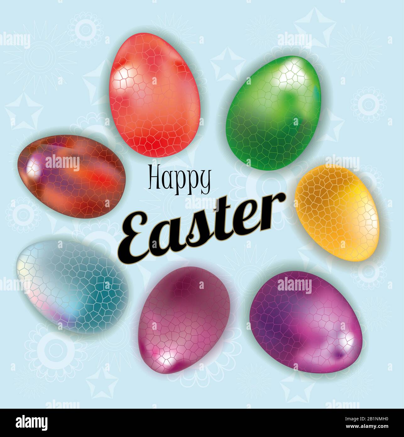 Happy Easter. The colored eggs are multicolored. Text. Illustration. Stock Photo