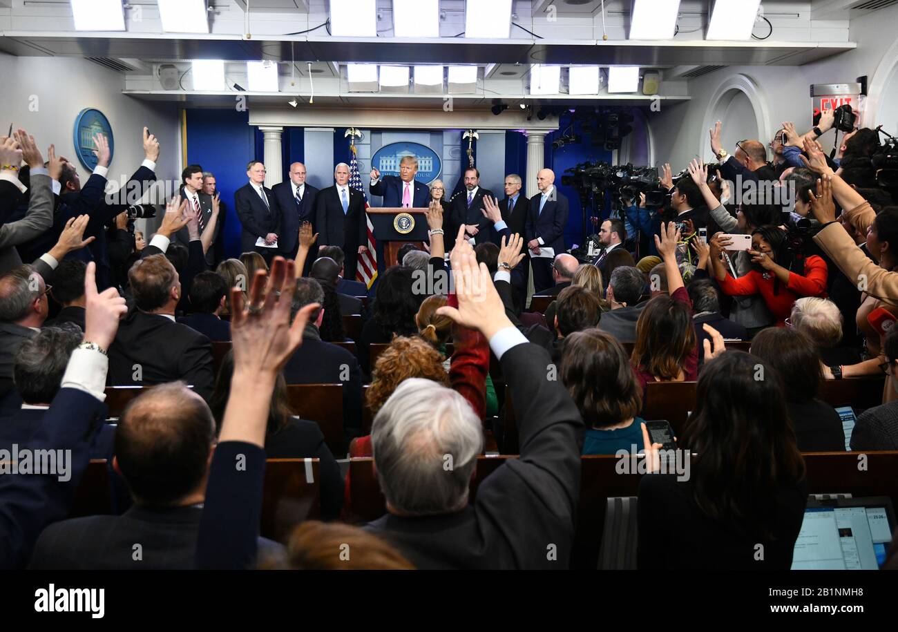 President Donald Trump takes questions on the global coronavirus (COVID19) outbreak in the Brady Press Briefing Room of the White House in Washington, DC on Wednesday, February 26, 2020. Behind him are (L-R) Robert Kadlec, Assistant HHS Secretary for Preparedness and.Response, Robert R. Redfield, Director of the Centers.for Disease Control and Prevention, Vice President Mike Pence, Dr. Anne Schuchat of the CDC, Health and Human Services (HHS) Secretary Alex Azar, Anthony Fauci, Director of the NIH National Institute for Allergy and Infectious Diseases, and Stephen M. Hahn, Commissioner for Foo Stock Photo