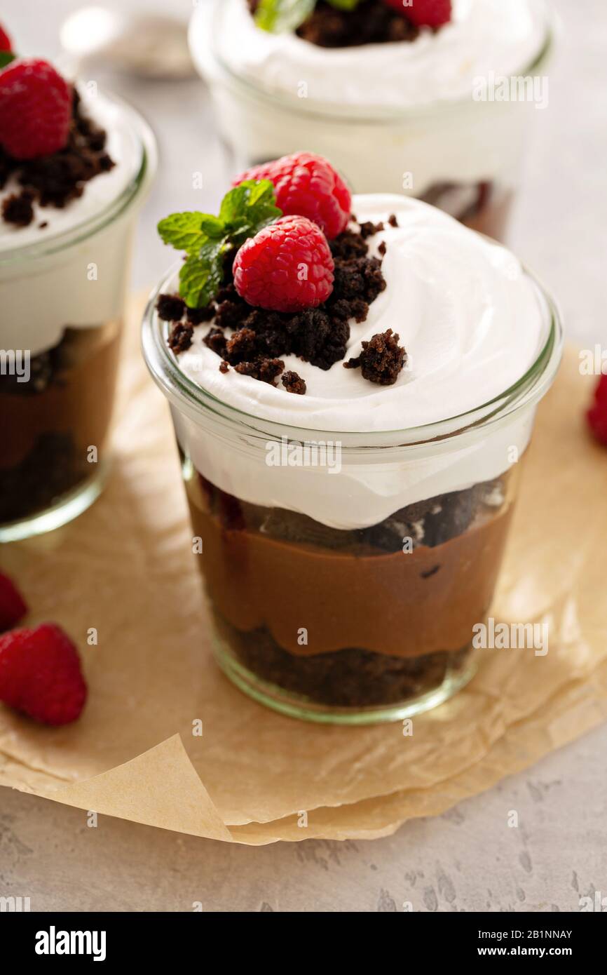 Chocolate layered dessert in a jar Stock Photo