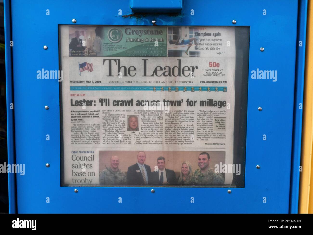 front page of "The Leader" Arkansas newspaper on Wednesday, May 8, 2019 Stock Photo