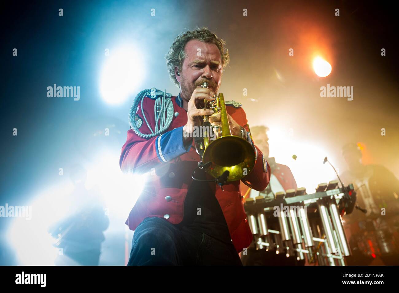 Porto, Portugal. 26th Feb, 2020. Thomas Burhorn from the techno marching bandy, Meute, is seen performing live at Hard Club in Porto. Credit: SOPA Images Limited/Alamy Live News Stock Photo