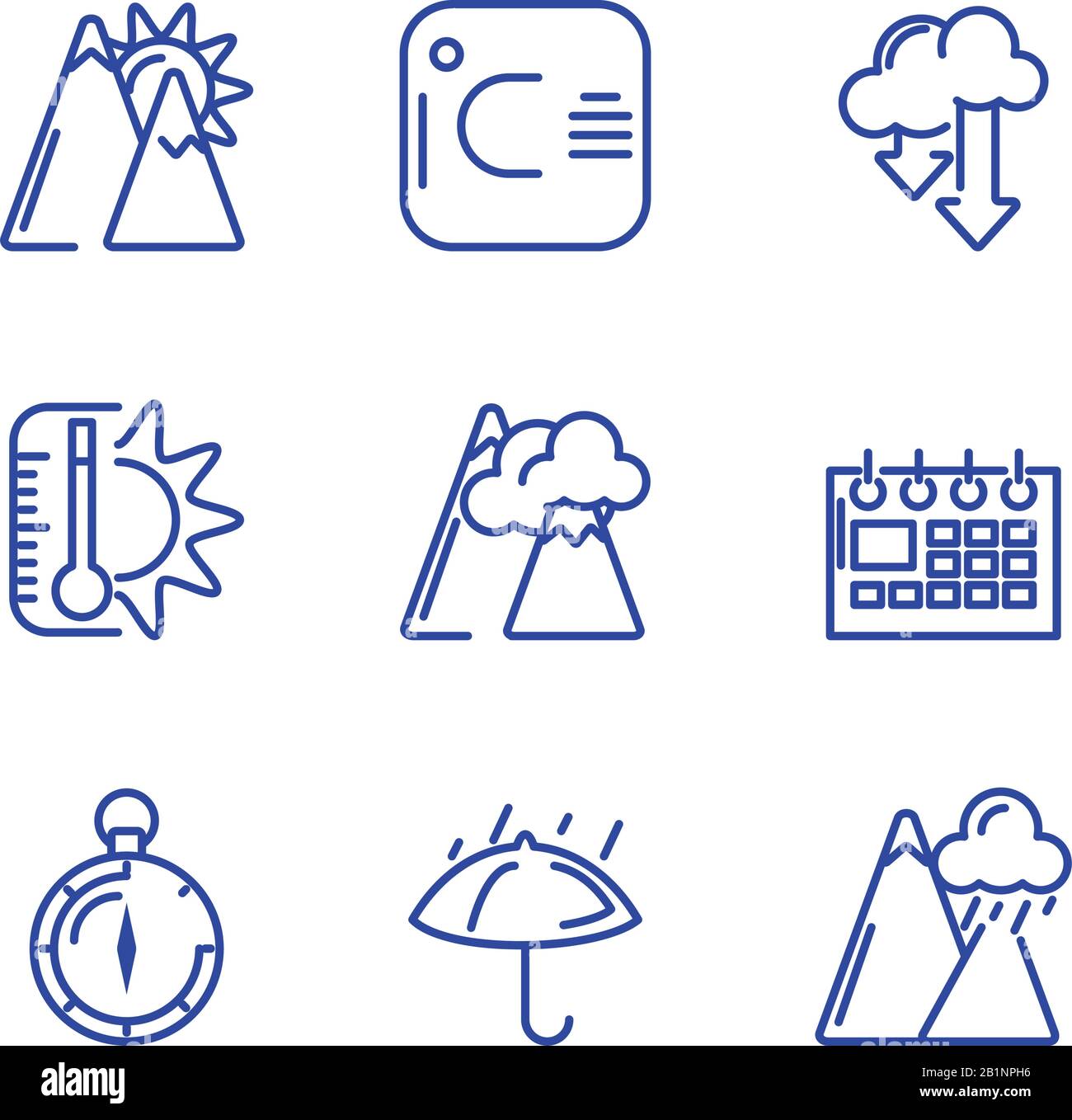 mountains and weather icons set over white background, line style ...