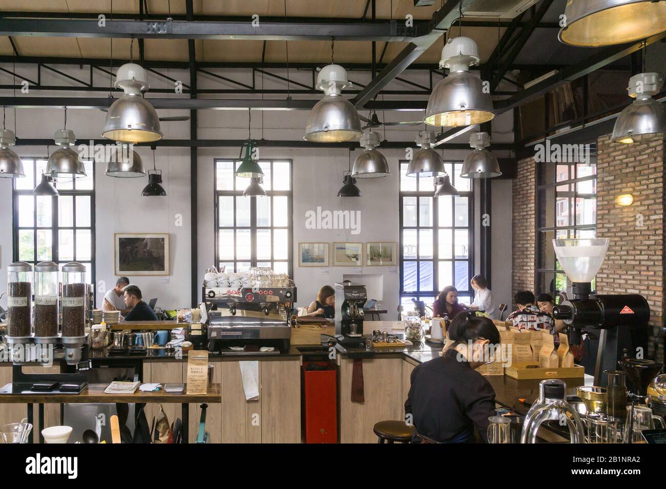 Saigon (Ho Chi Minh City) cafe - Interior of the Workshop Coffee cafe in Saigon, Vietnam, Southeast Asia. Stock Photo