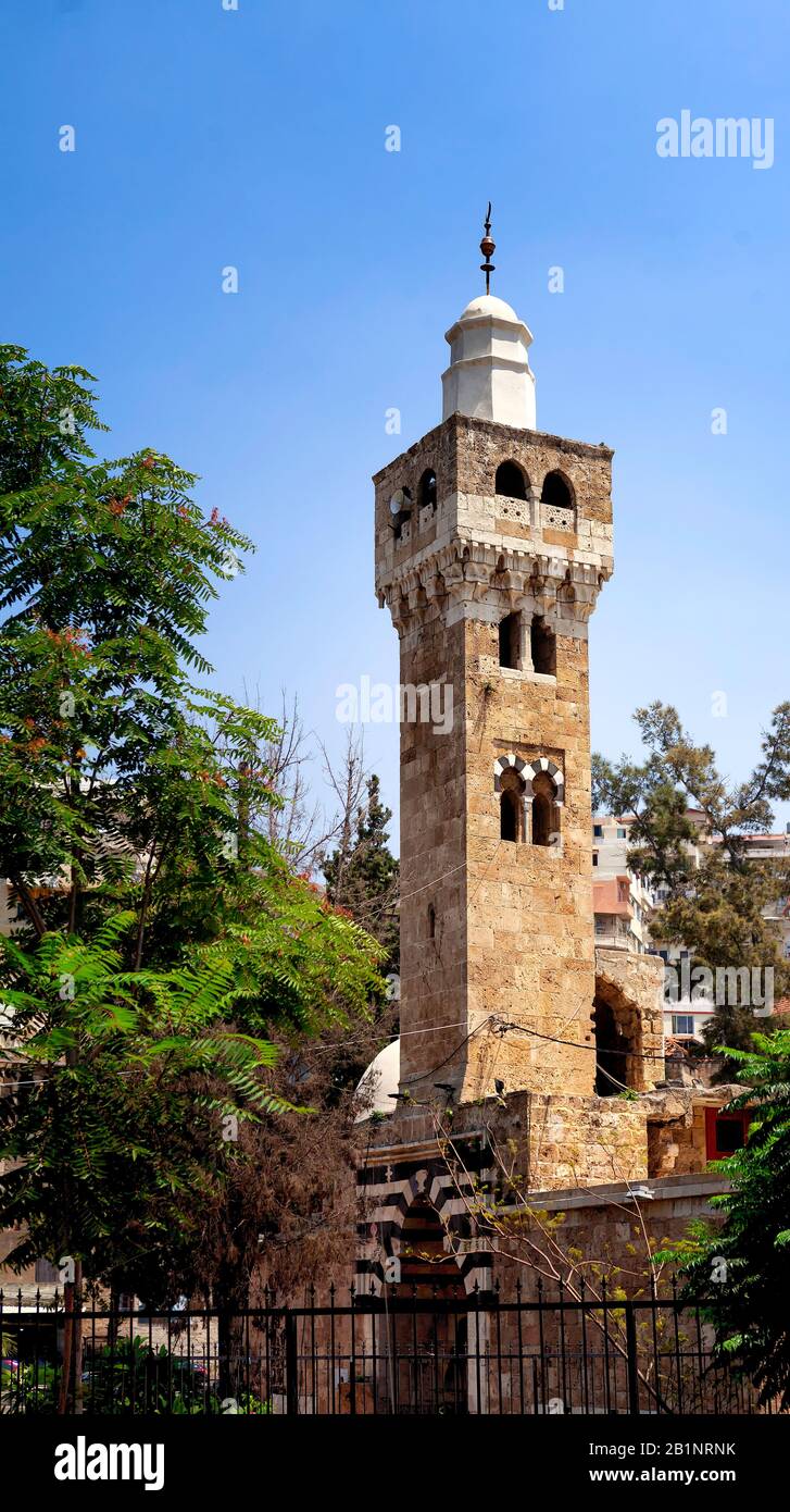 Minaret of the Mamluk era Al Bourtasi (Al Bertasi) mosque, downtown in the old city of Tripoli (Trableus), Lebanon. Stock Photo