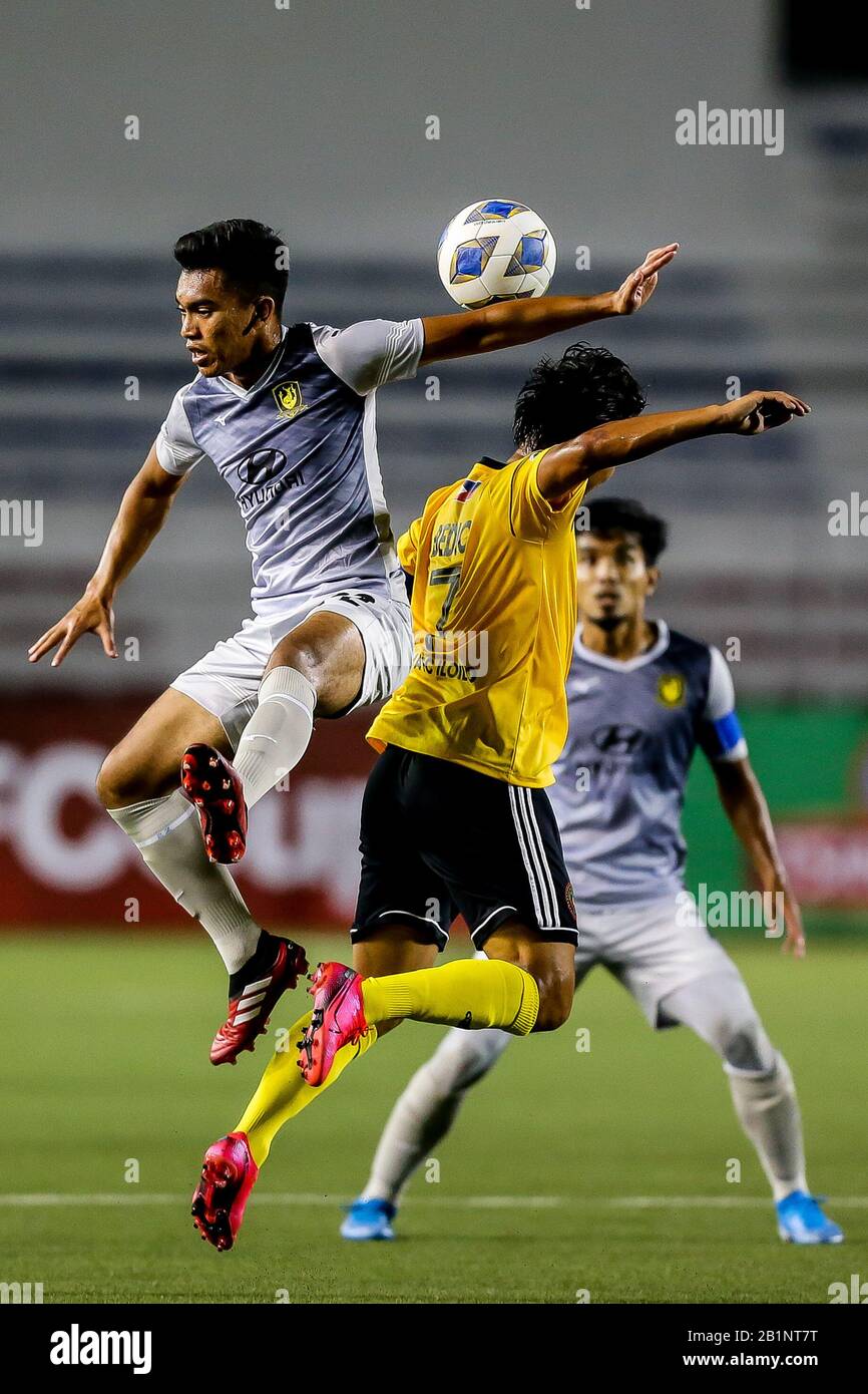 Manila. 26th Feb, 2020. Muhammad Syahrul Sazali (L) of Singapore's Tampines Rovers FC vies with the Philippines' Kaya FC-Iloilo during their group H match at the AFC Cup 2020 in Manila, the Philippines on Feb. 26, 2020. Credit: Rouelle Umali/Xinhua/Alamy Live News Stock Photo
