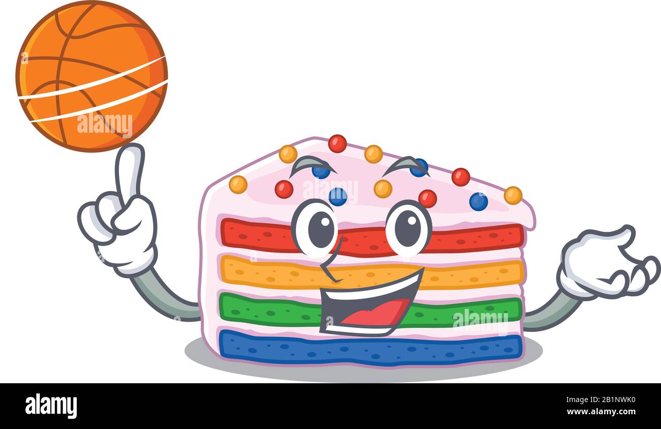 A mascot picture of rainbow cake cartoon character playing basketball Stock Vector