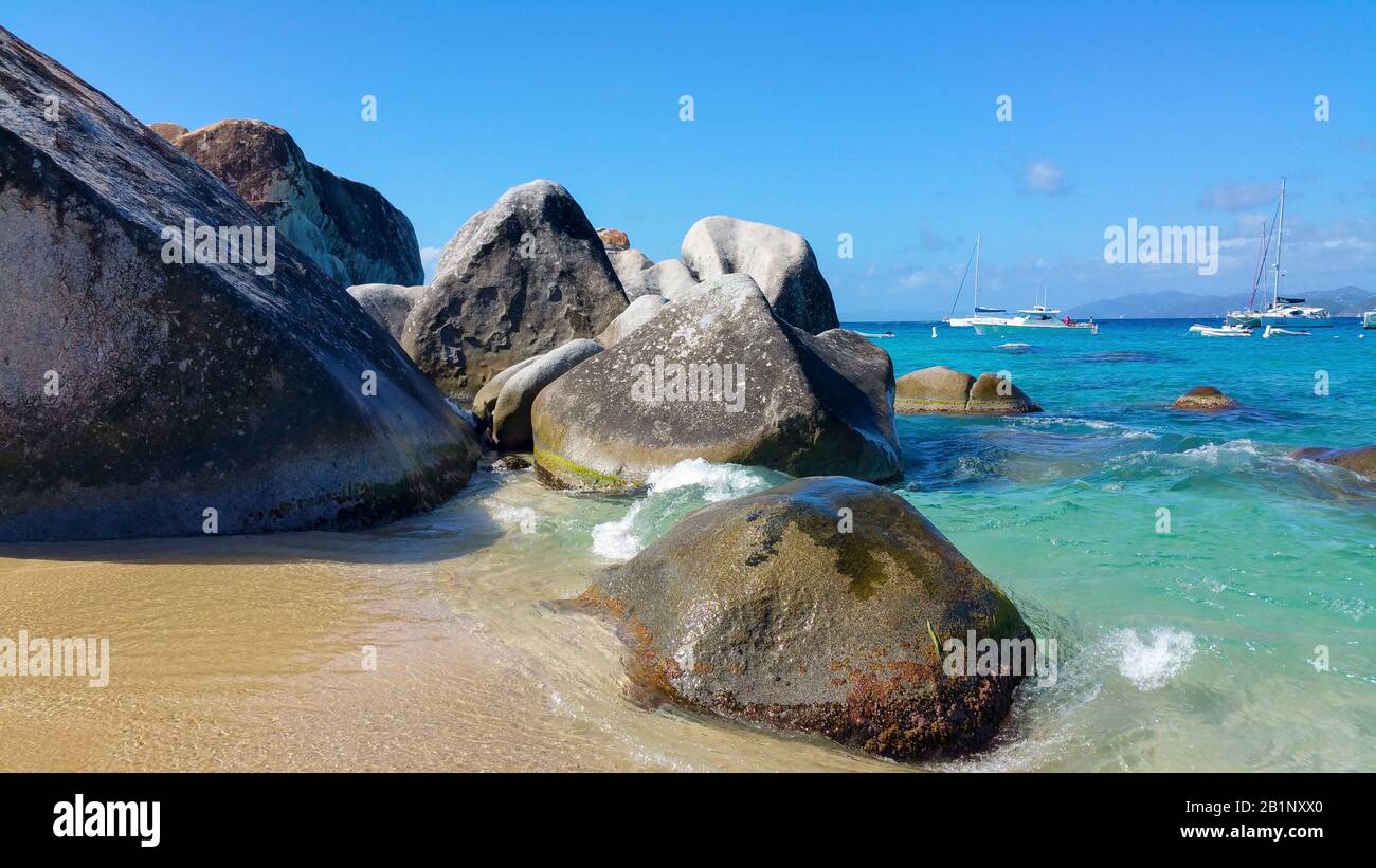 Virgin Gorda baths, British Virgin Islands, Tropical landscape photography, Caribbean ocean seascape, Tropical beach destination, Caribbean Landscape Stock Photo