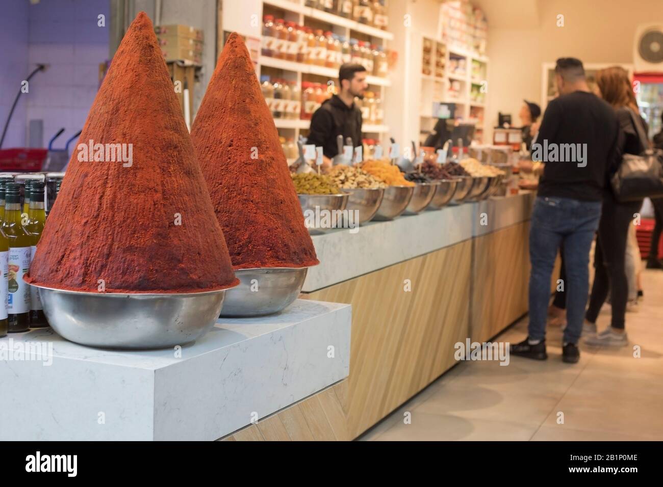 Mounds of paprika in Carmel Market (Shuk HaCarmel), the largest market in Tel Aviv, Israel Stock Photo