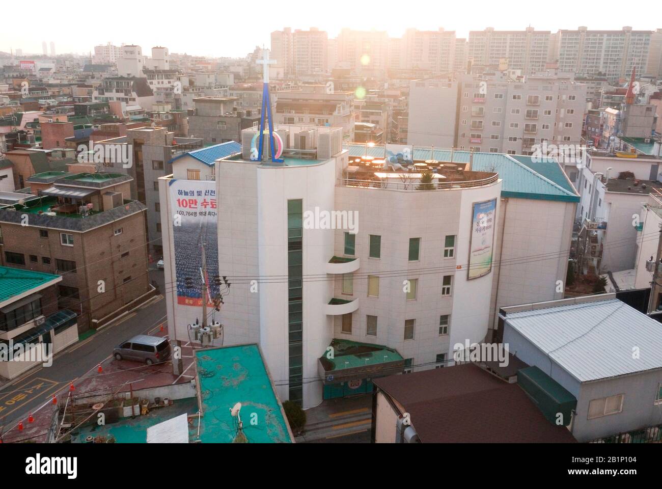 The Shincheonji Church of Jesus, Feb 26, 2020 : A closed Seoul branch of the Shincheonji Church of Jesus is seen in Seoul, South Korea. South Korea confirmed its first new coronavirus case from a Chinese woman from Wuhan, the outbreak site of the COVID-19, on January 20, but the pace of infections had not been alarming until February 18, when a 61-year-old woman who is tied to the Daegu branch of Shincheonji tested positive for the virus. The number of coronavirus patients in the country came to 1,595, with 12 people dying of the disease, as of Thursday morning, February 27, 2020, according to Stock Photo