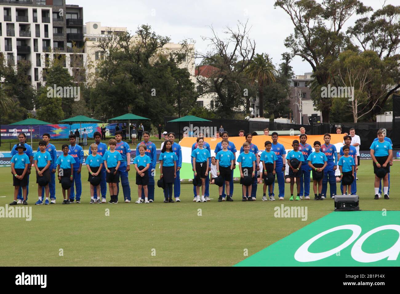 Junction Oval, Melbourne, Australia. 27th Feb, 2020. ICC Womens T20 World Cup Game 09-India Women Playing New Zealand Women.The Indian Team During the National Anthem-During the Game-Image Credit: brett keating/Alamy Live News Stock Photo