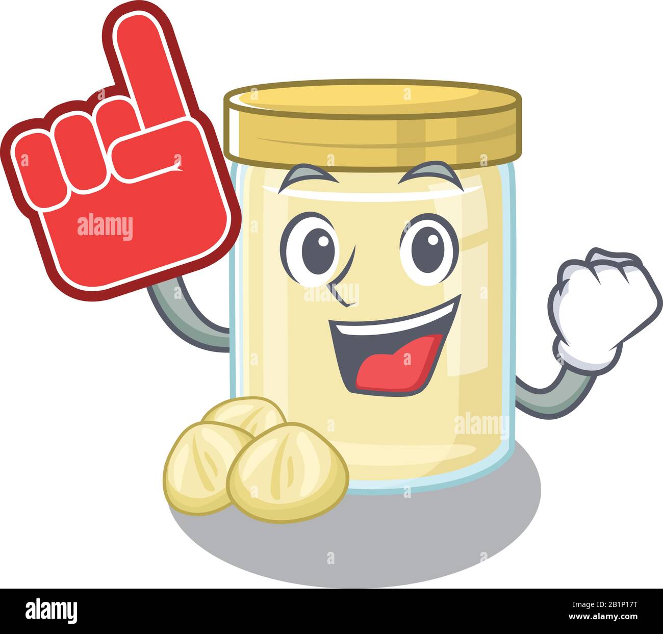 A picture of macadamia nut butter mascot cartoon design holding a Foam