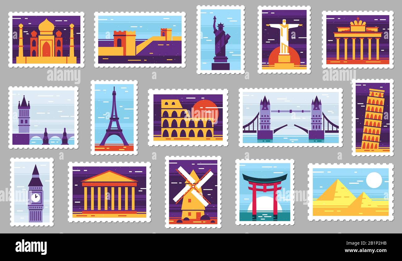 World cities post stamps. Travel postage stamp design, city attractions  postcard and town vector illustration set, Stock vector