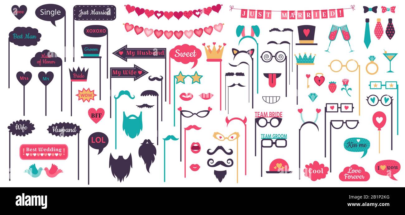 Photo booth props. Wedding speech bubble frames, doodle love heart