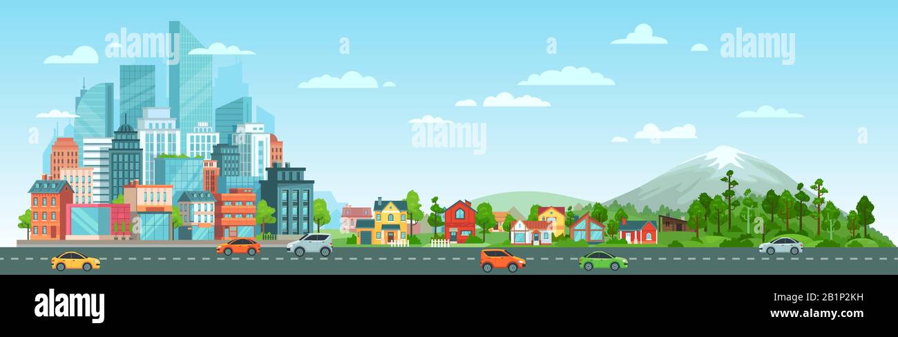 Urban Road With Cars Landscape City Road Traffic Big City Buildings Suburban Houses And Wild Nature Landscape Vector Illustration Stock Vector Image Art Alamy