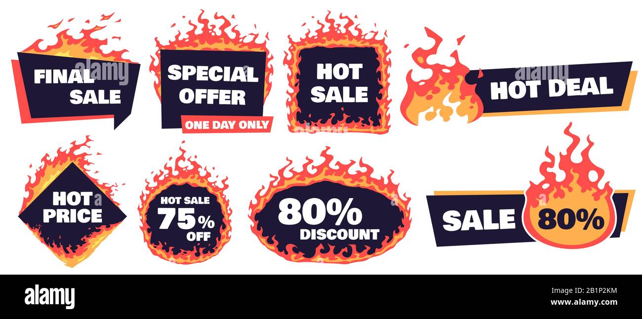 Hot sale badges. Fire deal banner, hot price badge and promotion offer