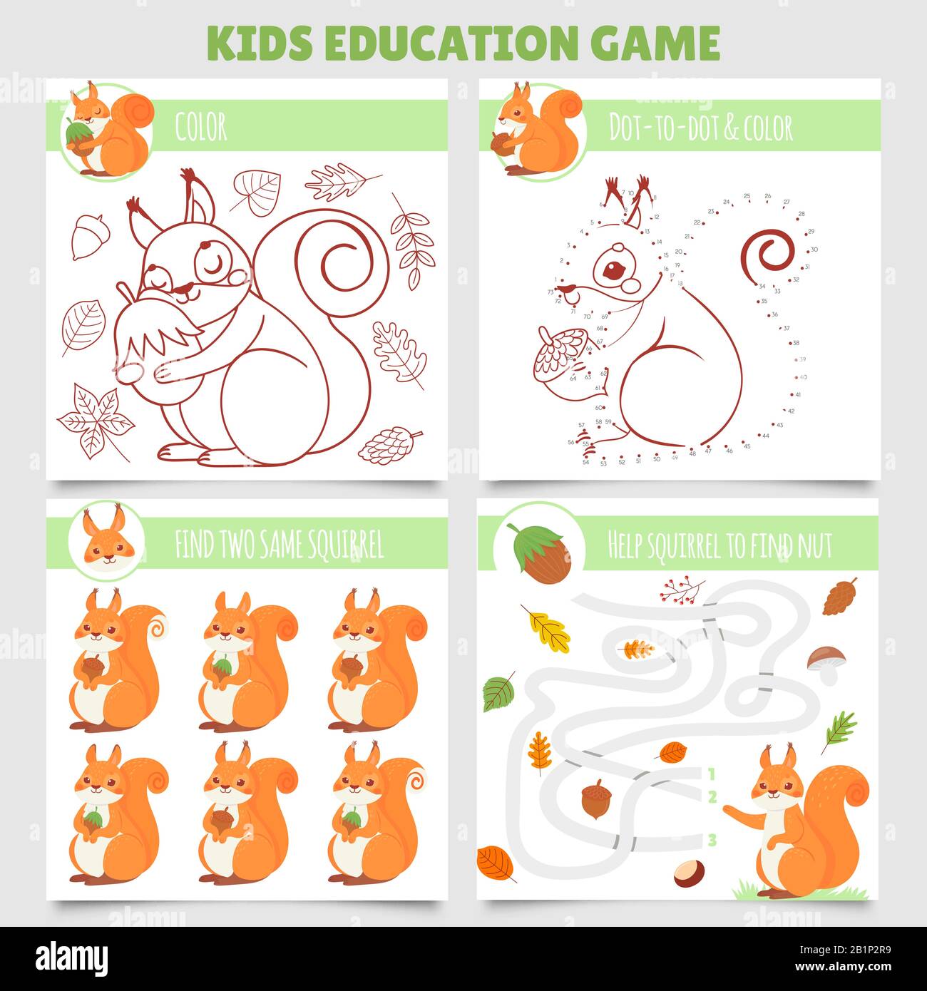 Cartoon squirrel kids games. Find two same pictures, squirrel and nut maze, coloring game and dot to dot vector illustration set Stock Vector