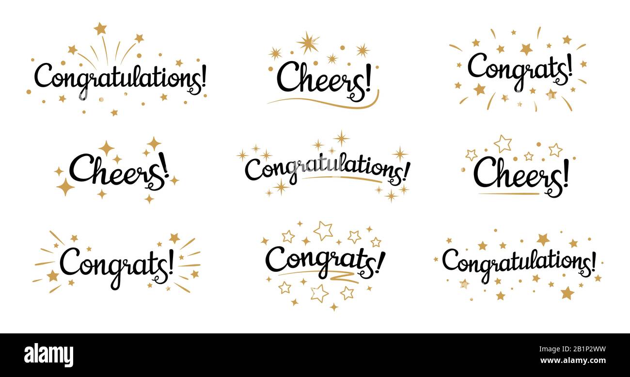 Congrats lettering. Congratulation text labels, cheers sign decorated