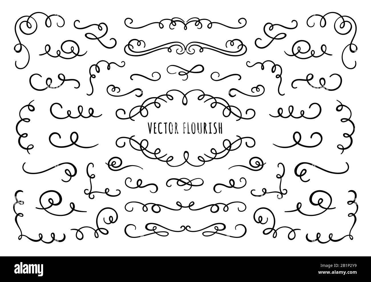 Flourish frame, corners and dividers. Decorative flourishes corner, calligraphic divider and ornate scroll swirls vector set Stock Vector