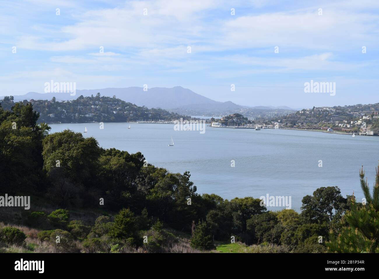 View of Mt. Tamalpais and Sausalito.  Taken from Angel Island. Stock Photo