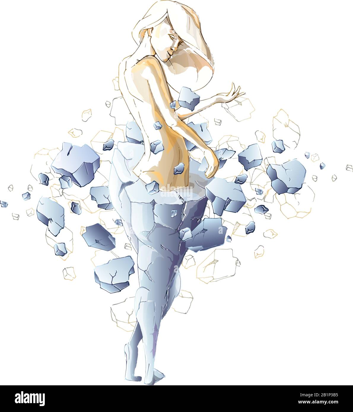 A slender girl emerges from a stone statue of a fat woman. Fragments from the crumbling statue scatter in different directions. The concept of weight Stock Vector