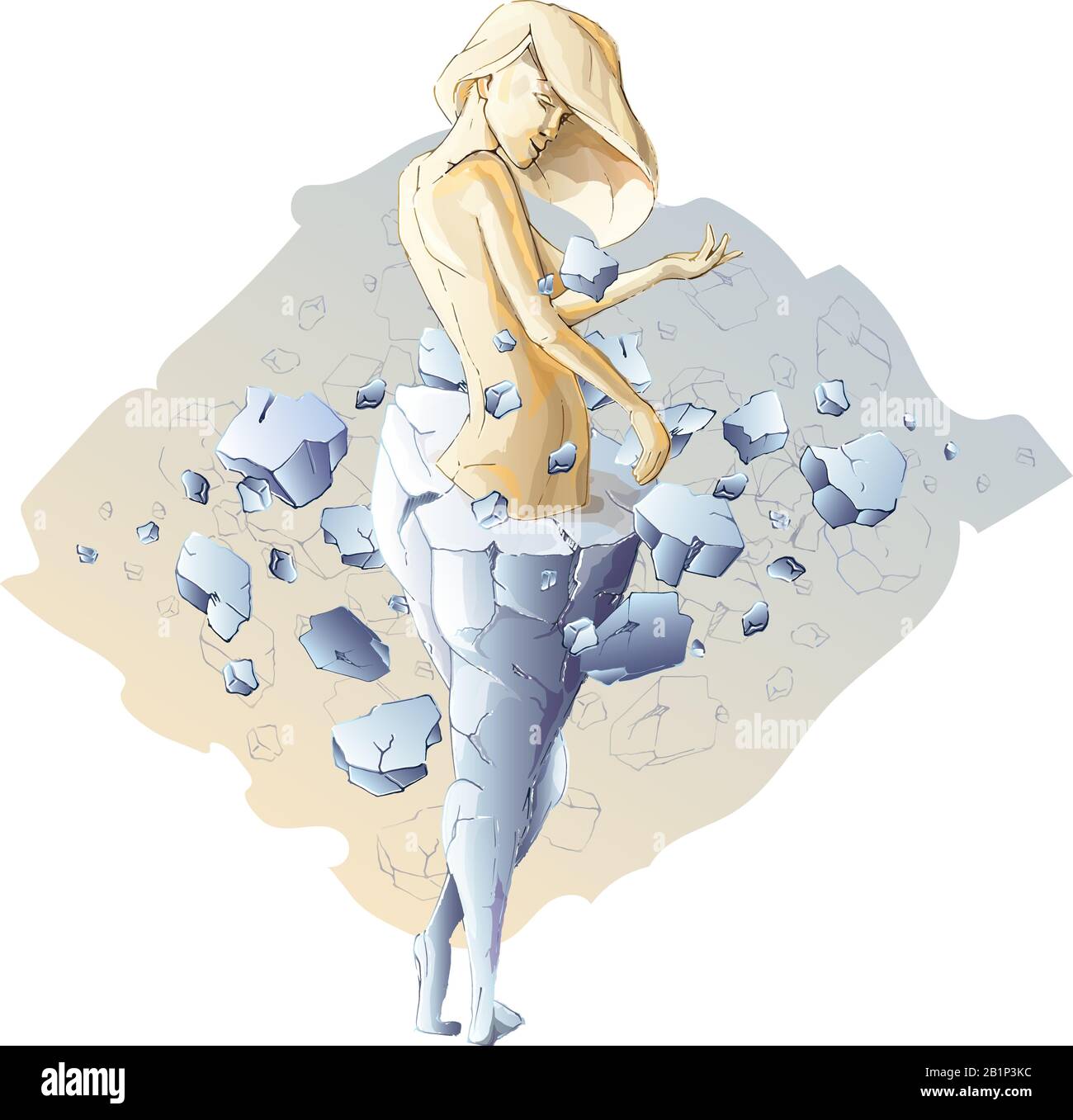 A slender girl emerges from a stone statue of a fat woman. Fragments from the crumbling statue scatter in different directions. The concept of weight Stock Vector