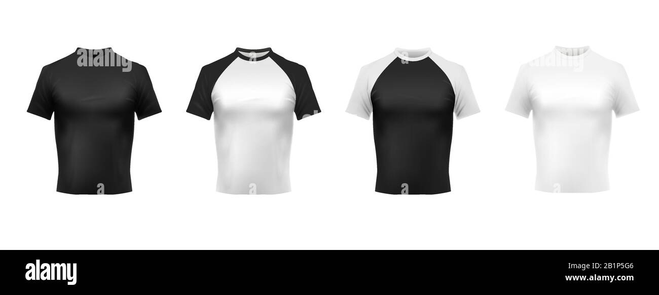 Black and white t-shirt mockup. Black polo, men shirt front view and shirts realistic template 3D vector set. Casual male clothing with short sleeves Stock Vector