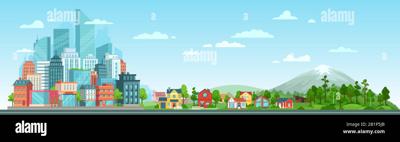 Urban and nature landscape. Modern city buildings, suburban houses and wild forest vector illustration. Contemporary metropolis with skyscrapers Stock Vector