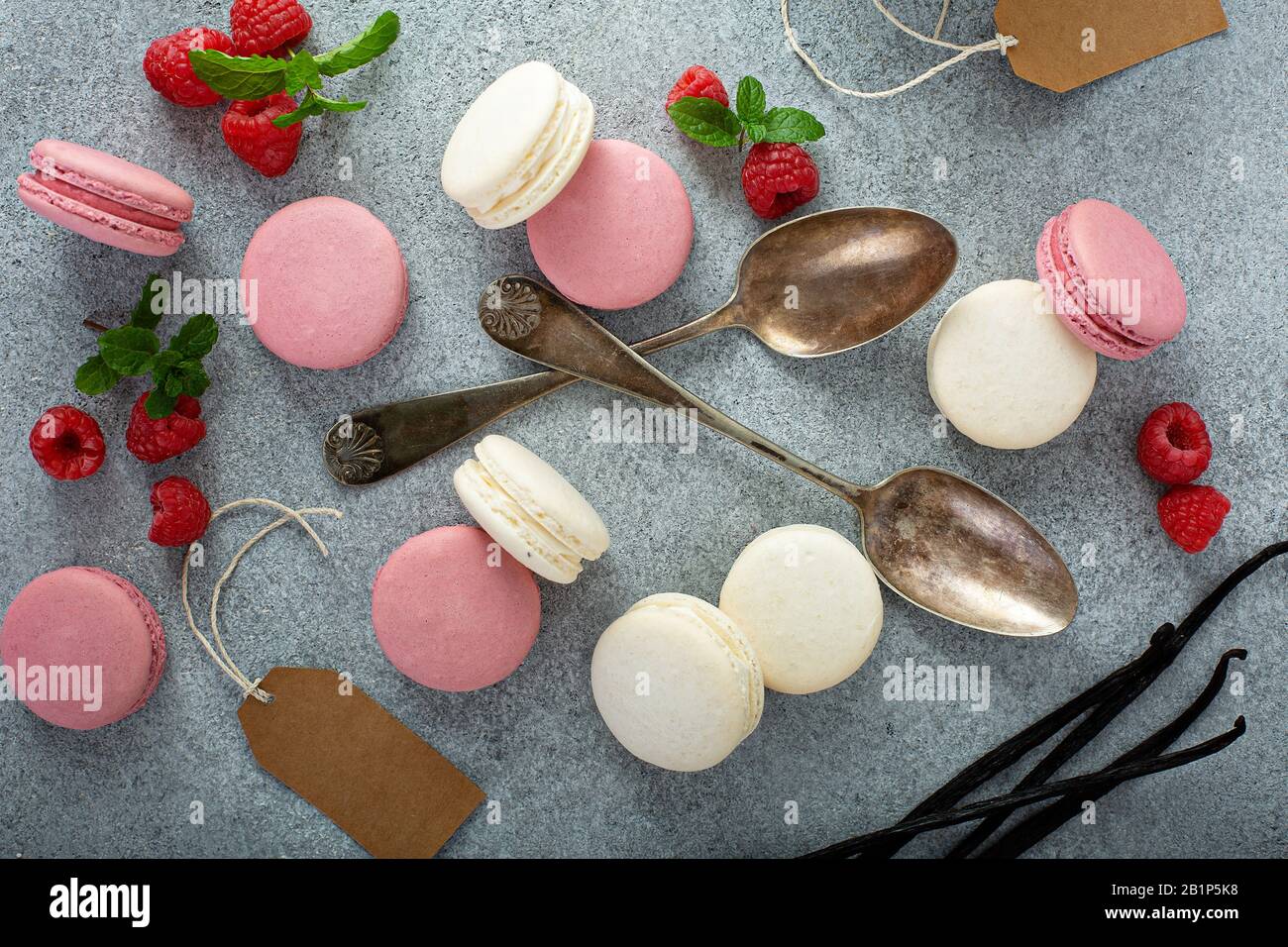 Vanilla and raspberry macarons Stock Photo