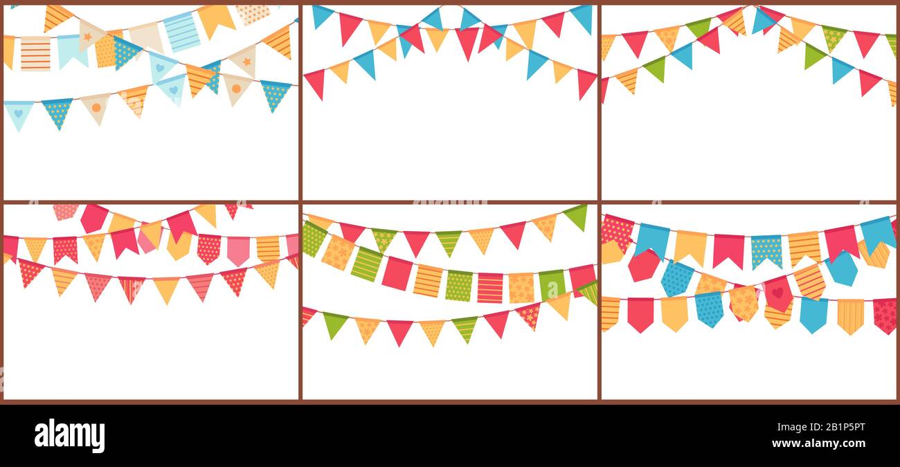 Party bunting. Birthday flags banner, color triangle flag buntings and festival paper garland vector set. Special occasion, holiday event celebration Stock Vector