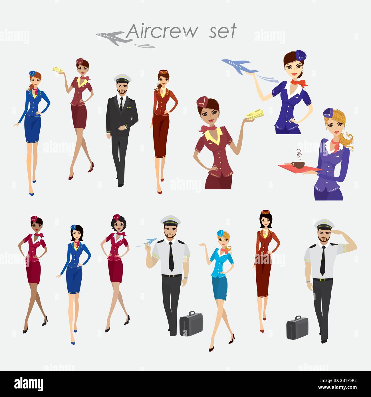 Set Of Aircraft Crew ,stewards and pilots in working form Isolated On White,cartoon vector illustration Stock Vector