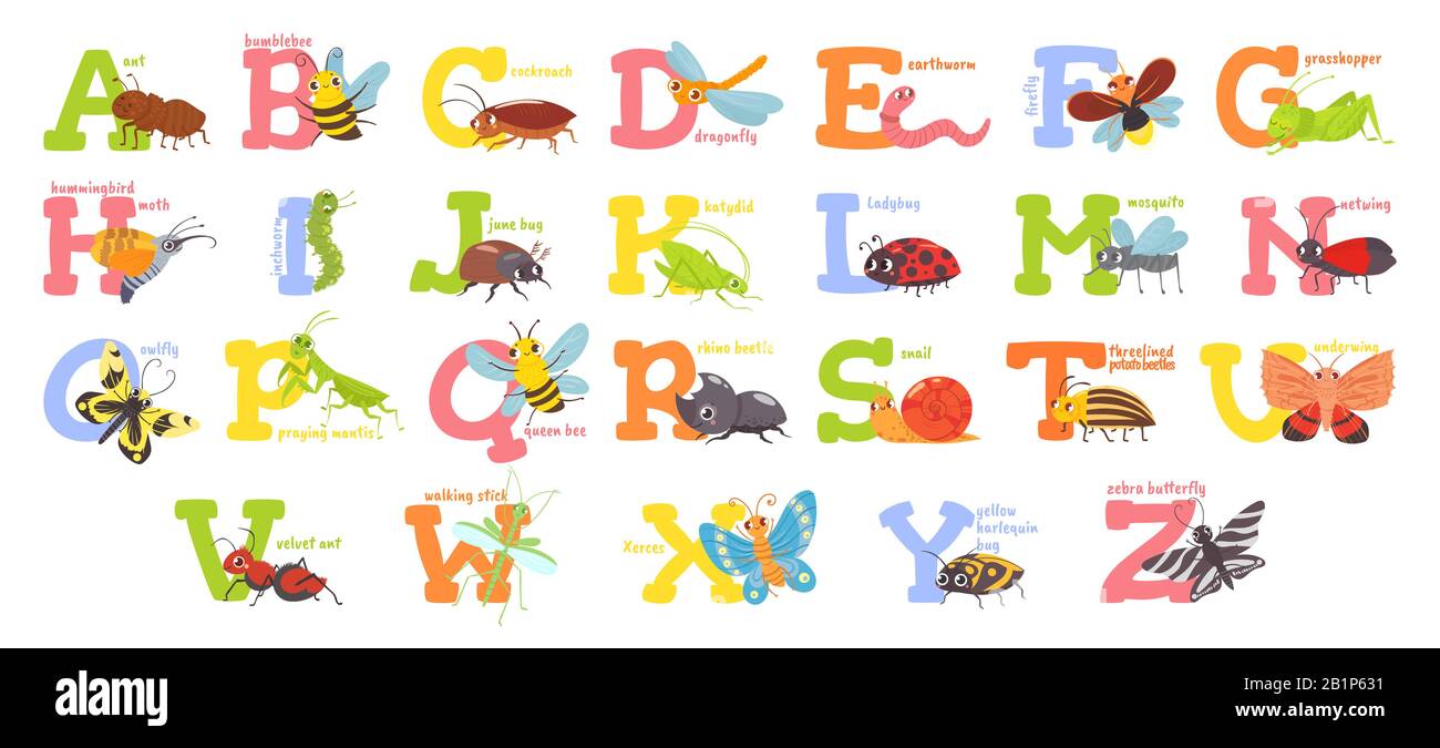 Cartoon Insects Alphabet Funny Bug Letters Comic Insect Abc For