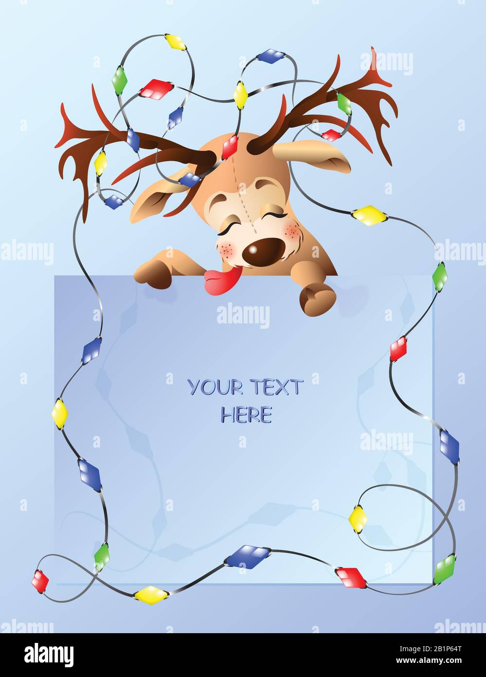 Illustration of a funny reindeer with place your text here. Deer tangled in Christmas lights. Stock Vector