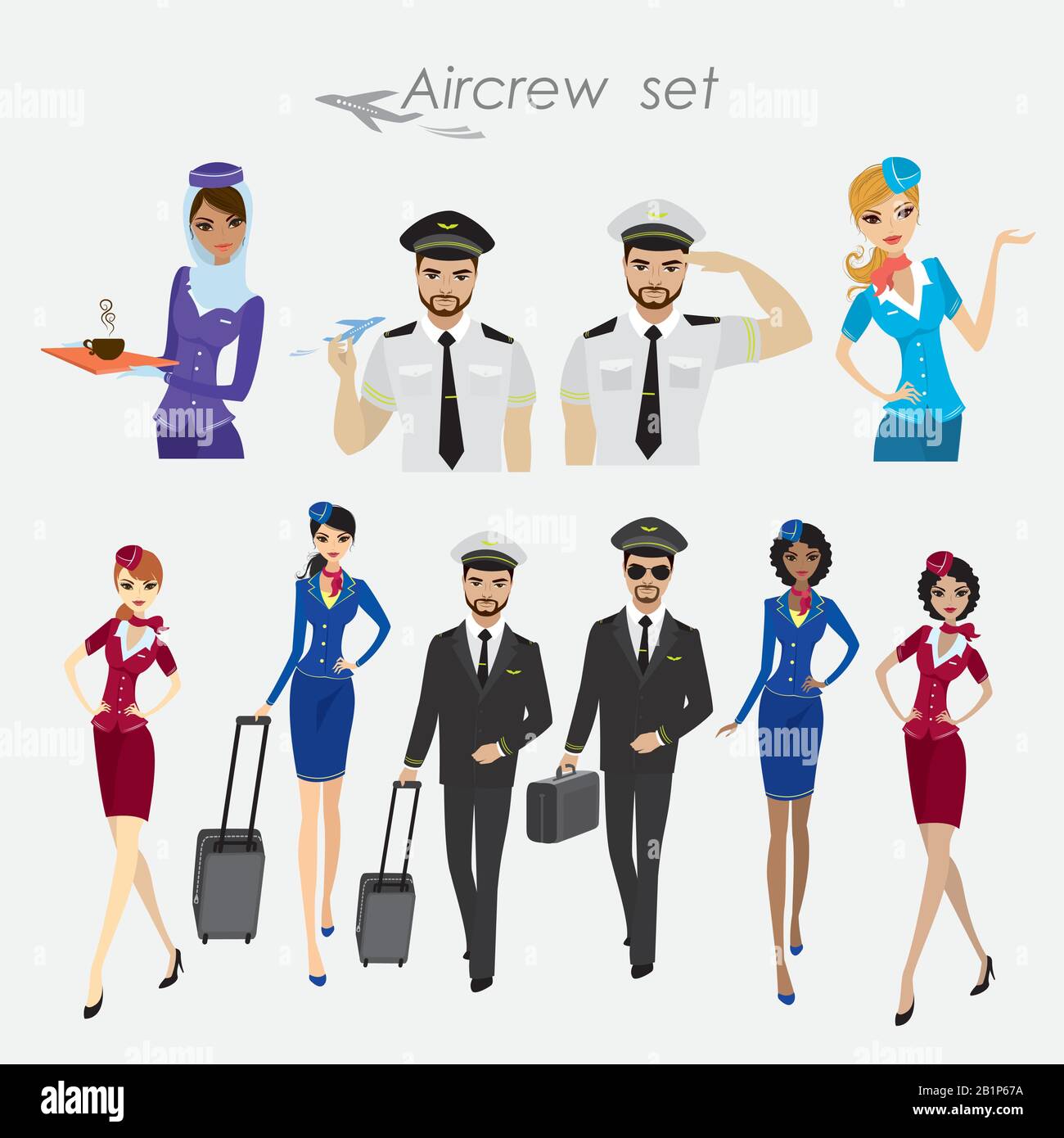 Set Of Aircraft Crew ,stewards and pilots in working form Isolated On White,cartoon vector illustration Stock Vector