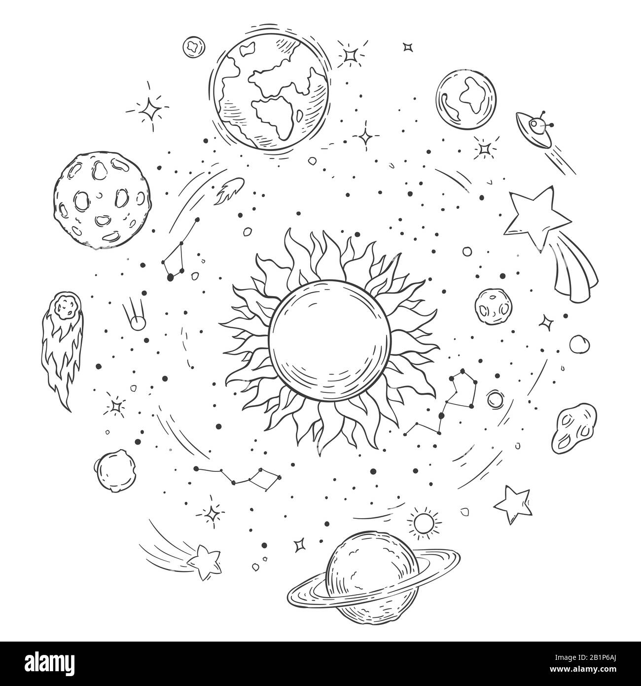 Doodle solar system. Hand drawn sun, cosmic comet and planet earth vector illustration. Outer space monochrome coloring book drawing. Celestial bodies Stock Vector