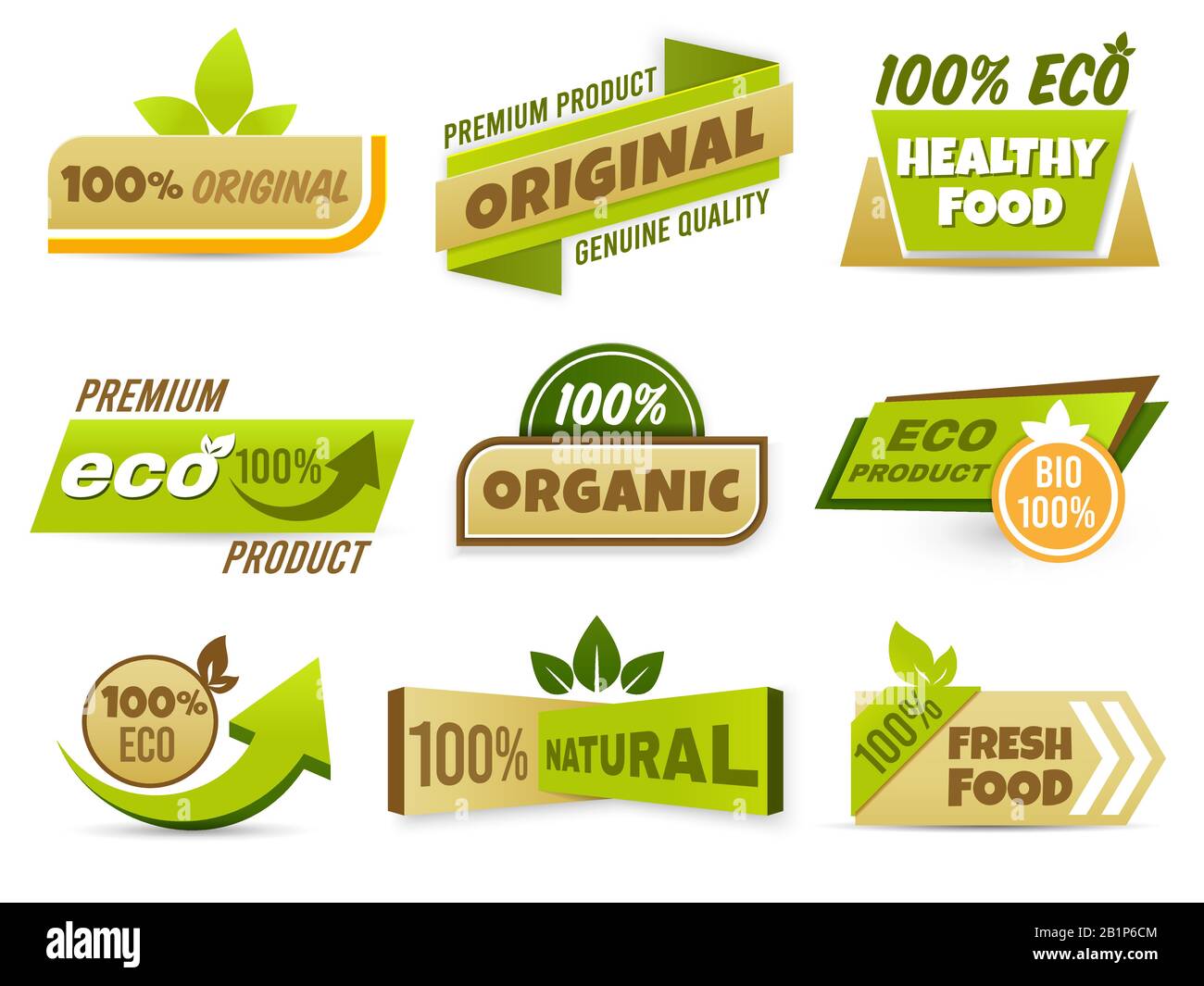 Eco label banner. Healthy food labels, eco bio product and natural organic emblem badges vector set. 100 percent original production tags collection Stock Vector