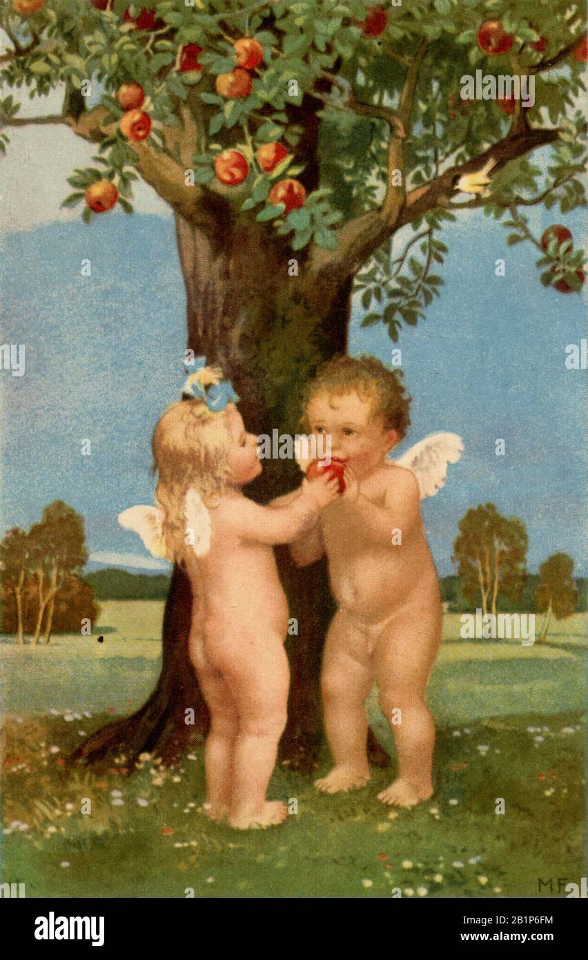 Adam and Eve as putti under the apple tree , MF (postcard, ) Stock Photo